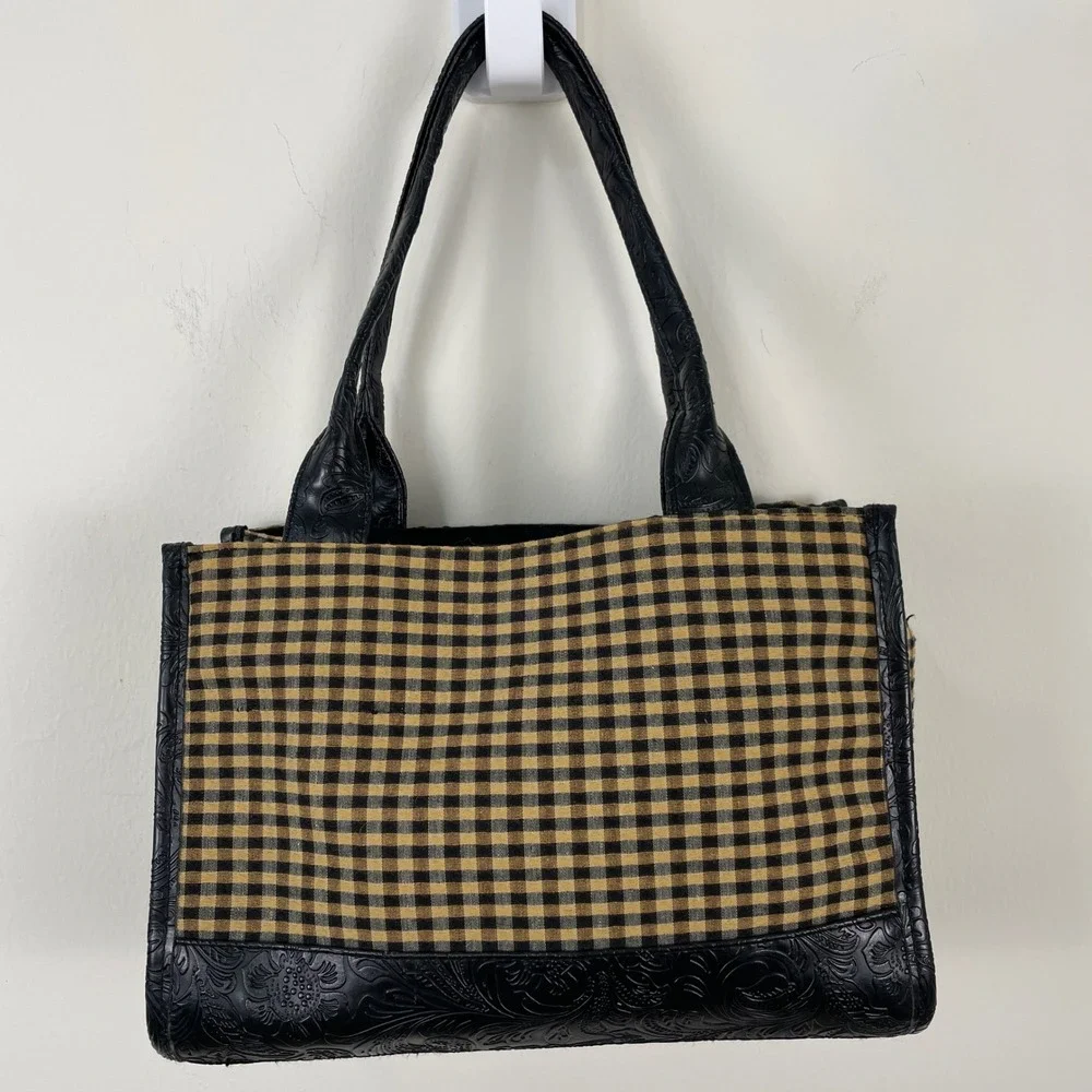 Longaberger Gingham Tote Bag Black Tan Embossed Floral Trim Silver Logo Plaque‎